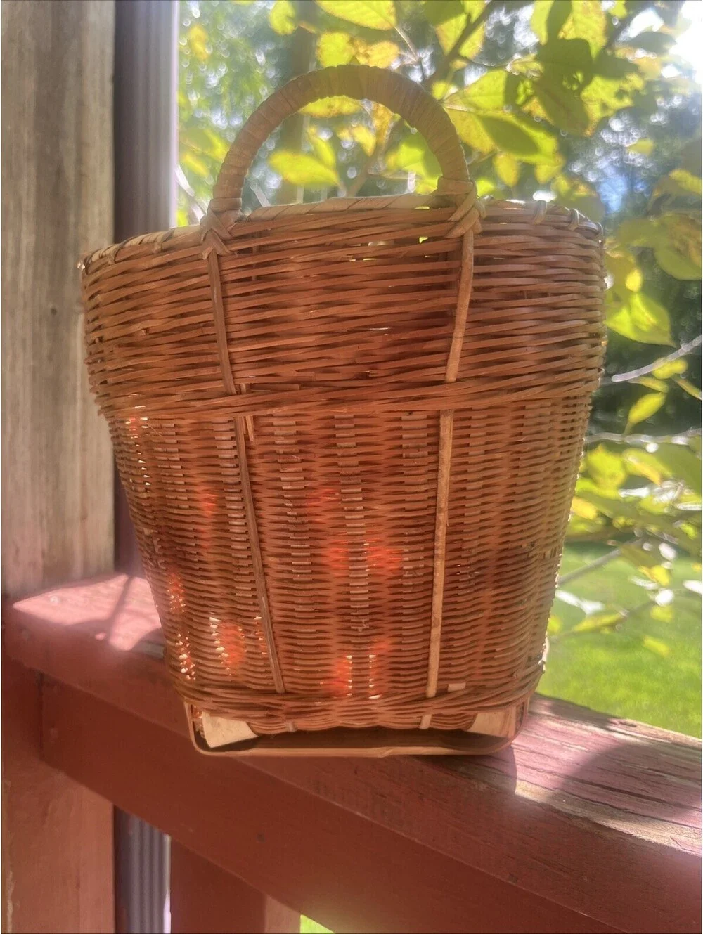 Vintage Woven Wicker Gathering Basket with Side Handles Rustic Farmhouse Decor